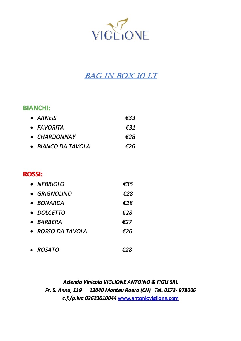 Listino Bag in Box 2025